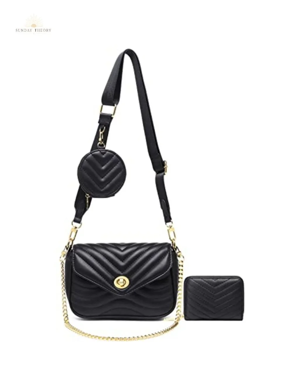 Quilted Faux Leather Crossbody Bag with Chain Strap, 3-Piece Set